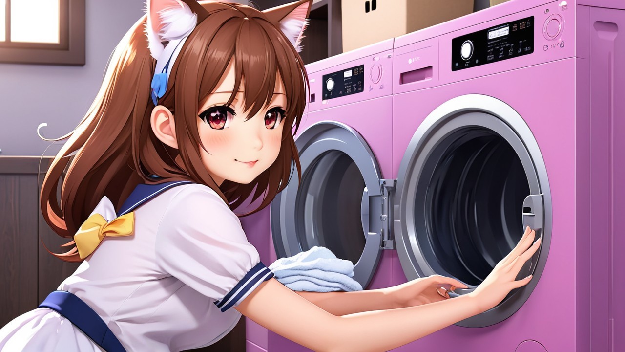 Anime Girl with Cat Ears Doing Laundry in Cozy Room