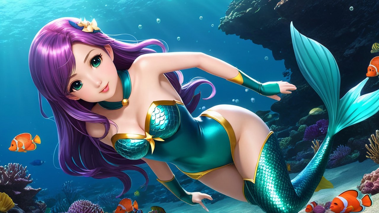 Vibrant Underwater Scene with Animated Mermaid