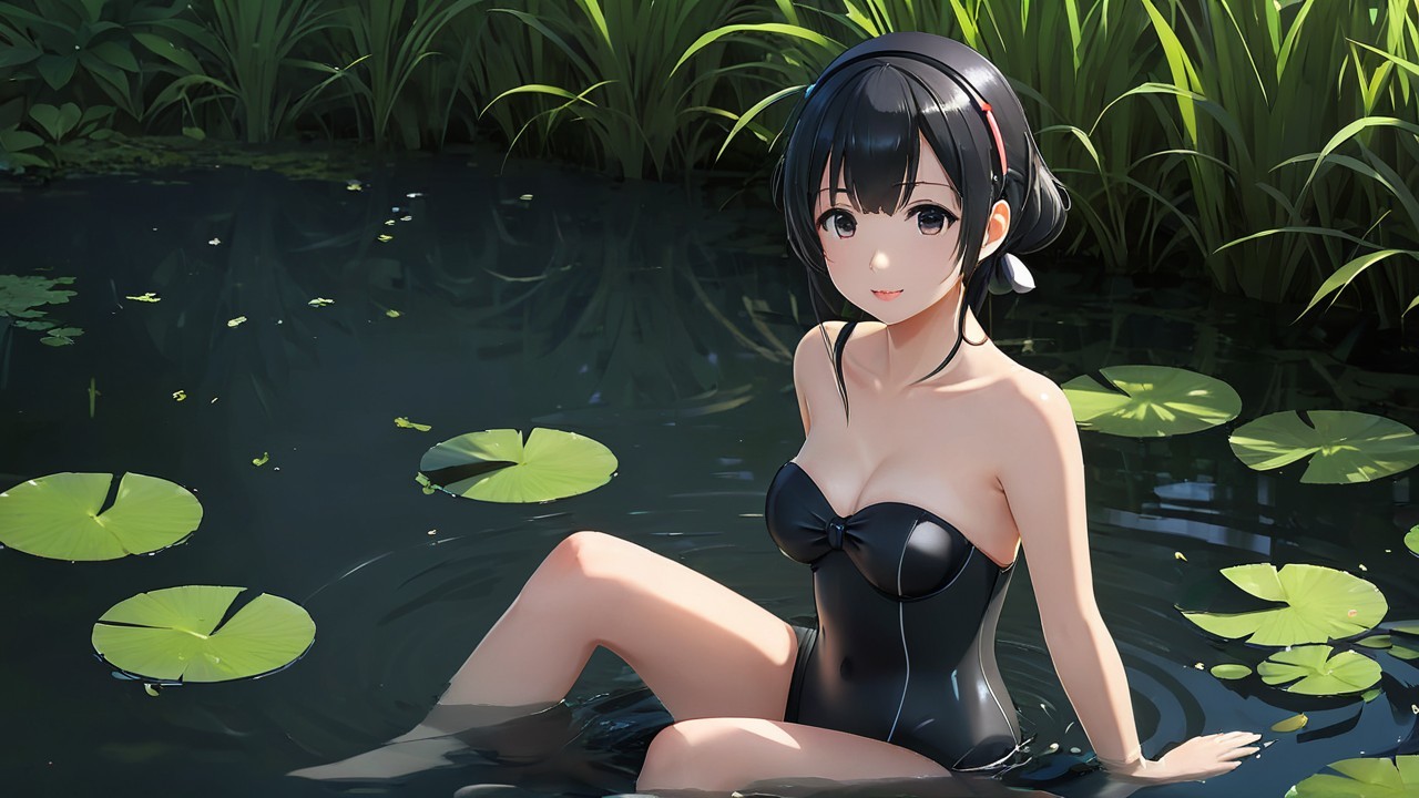 Young Woman in Black Swimsuit Relaxing in Serene Pond