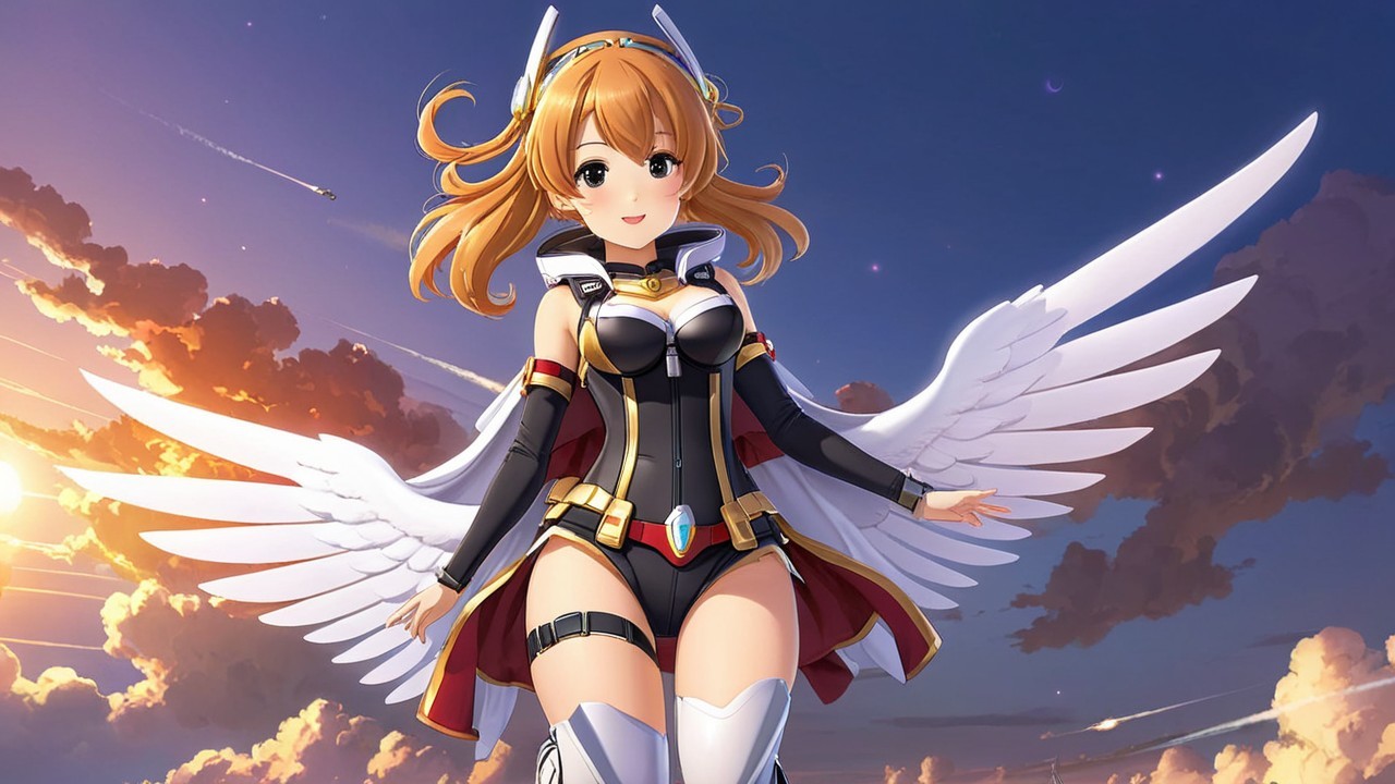Anime Character with Wings in Dramatic Sky Scene