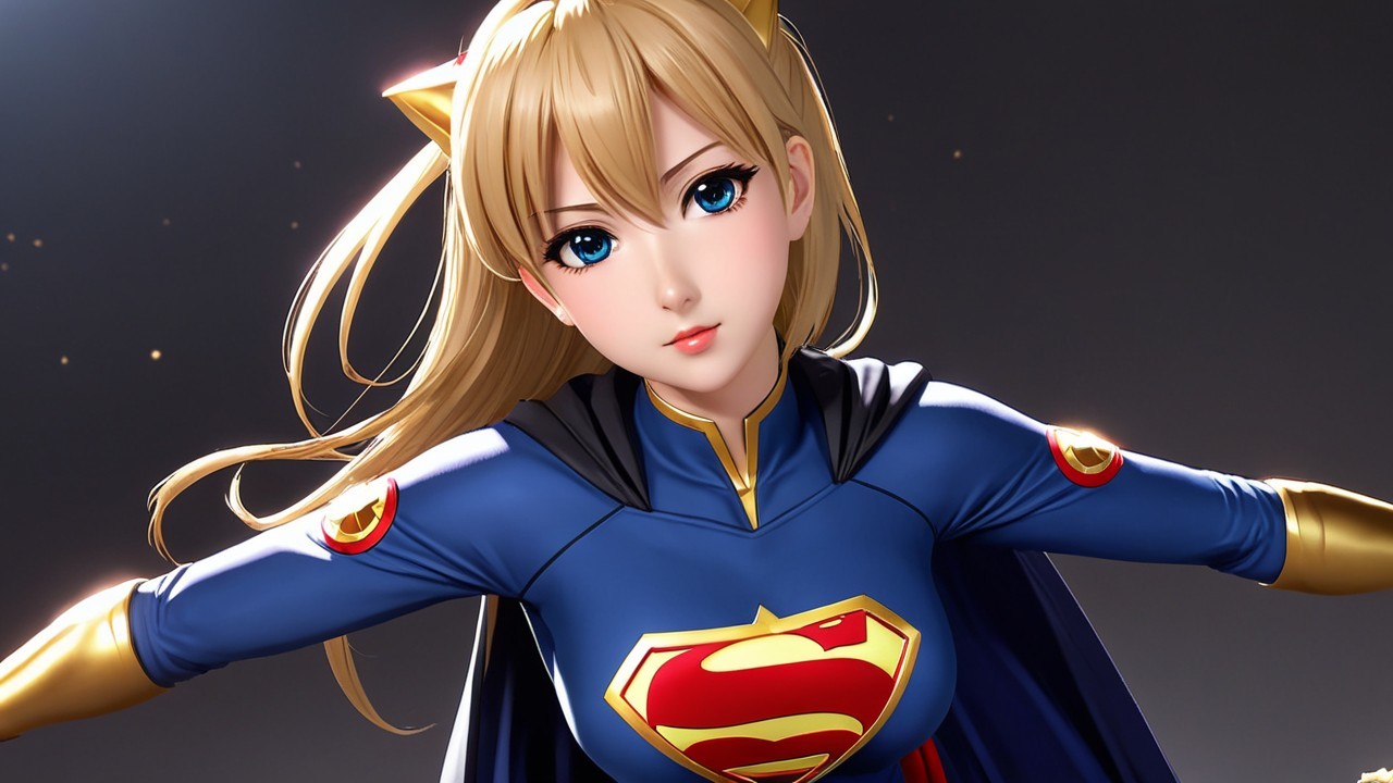 Stylized female superhero in blue costume with emblem