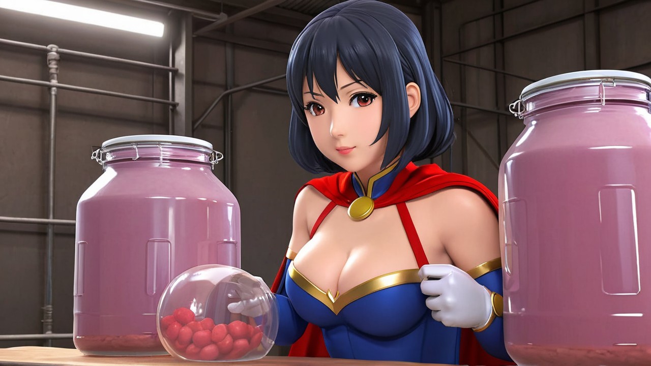 Stylized female superhero character in industrial setting