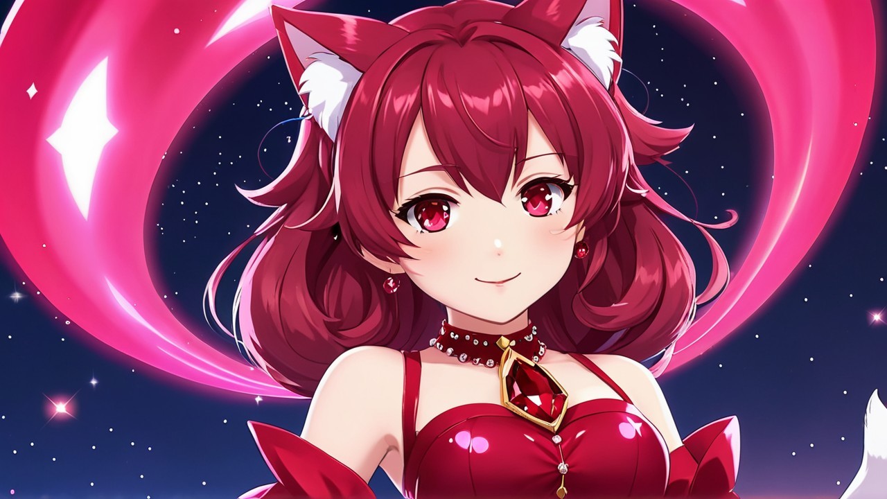 Vibrant Anime Character with Crimson Hair and Cosmic Aura