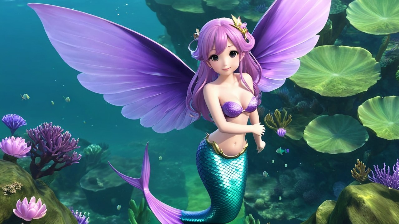 Whimsical Mermaid with Lavender Hair and Wings Underwater
