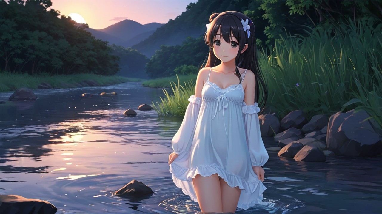 Dusk Scene of Girl in River Surrounded by Nature