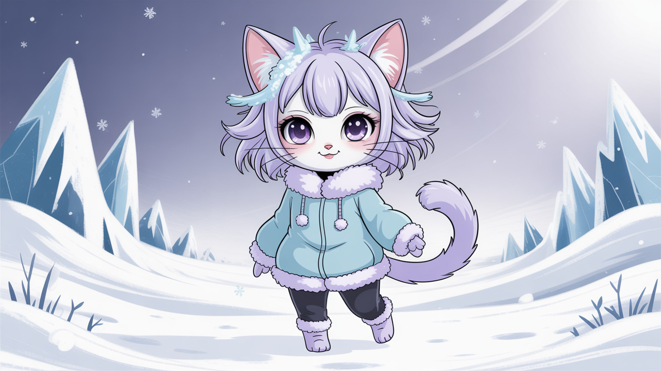 Chibi Fantasy Portrait of a Lilac Cat-Girl in Snow