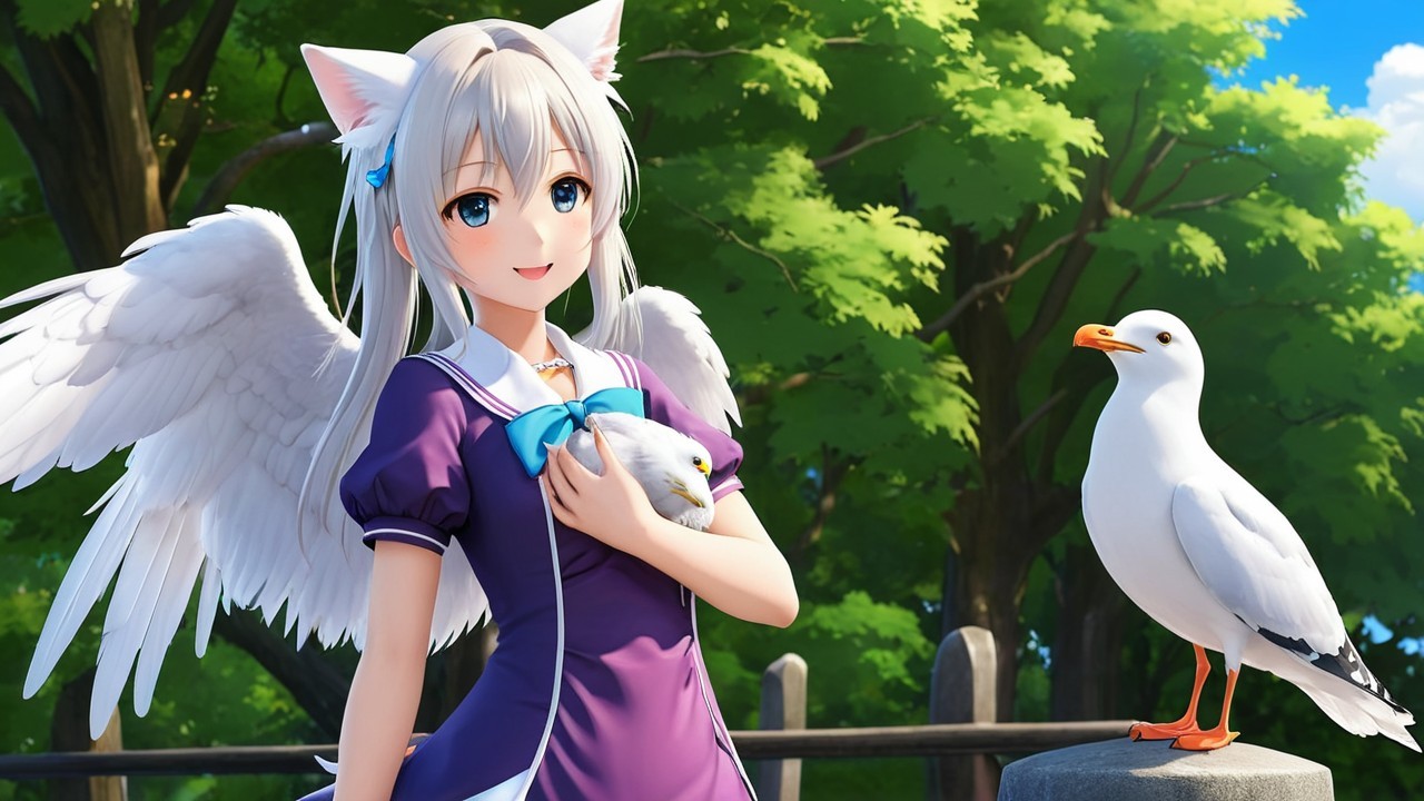 Anime Character with Cat Ears and Angel Wings in Park