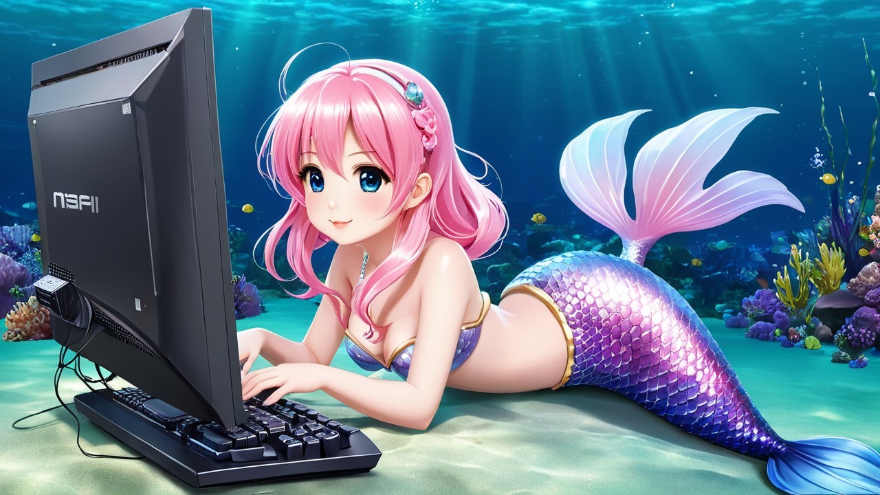 Mermaid Typing on Computer in Vibrant Underwater Scene