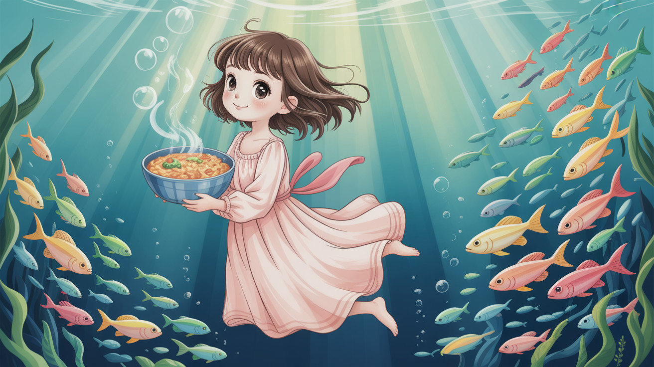 Anime-style girl floating underwater with vibrant scenery