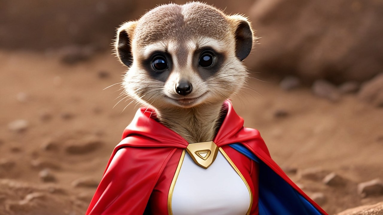 Meerkat in Superhero Costume Against Sandy Background