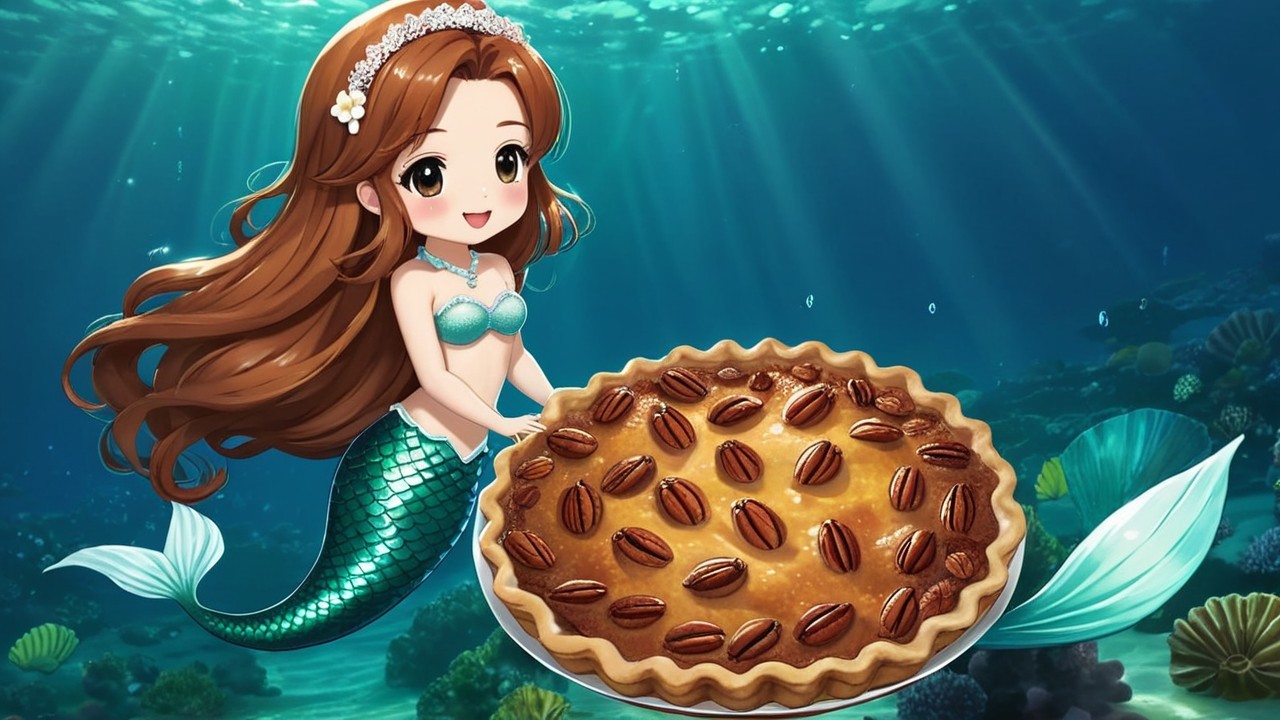 Mermaid with Green Tail Holding Pecan Pie Underwater