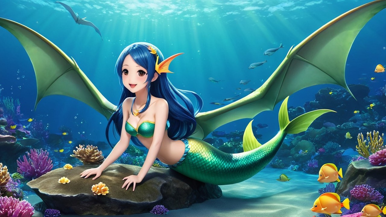 Vibrant Underwater Scene with Cheerful Mermaid