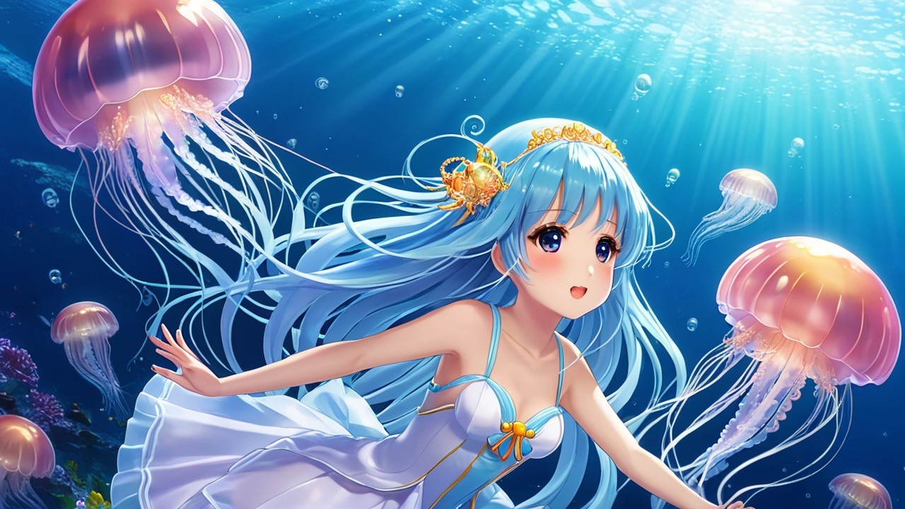 Animated girl with blue hair swimming with jellyfish