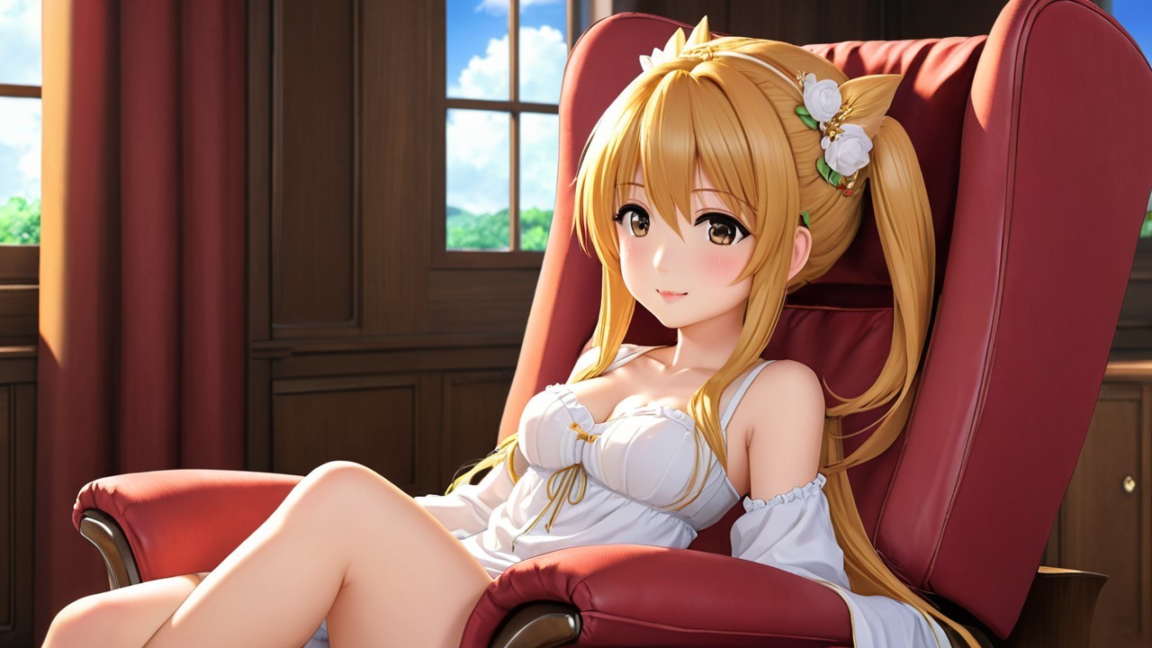 Young woman in white dress sitting in bright room