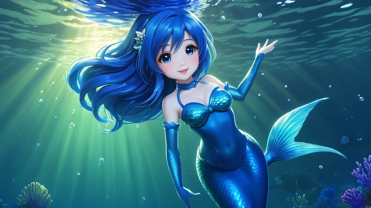 Vibrant Mermaid in Whimsical Underwater Scene