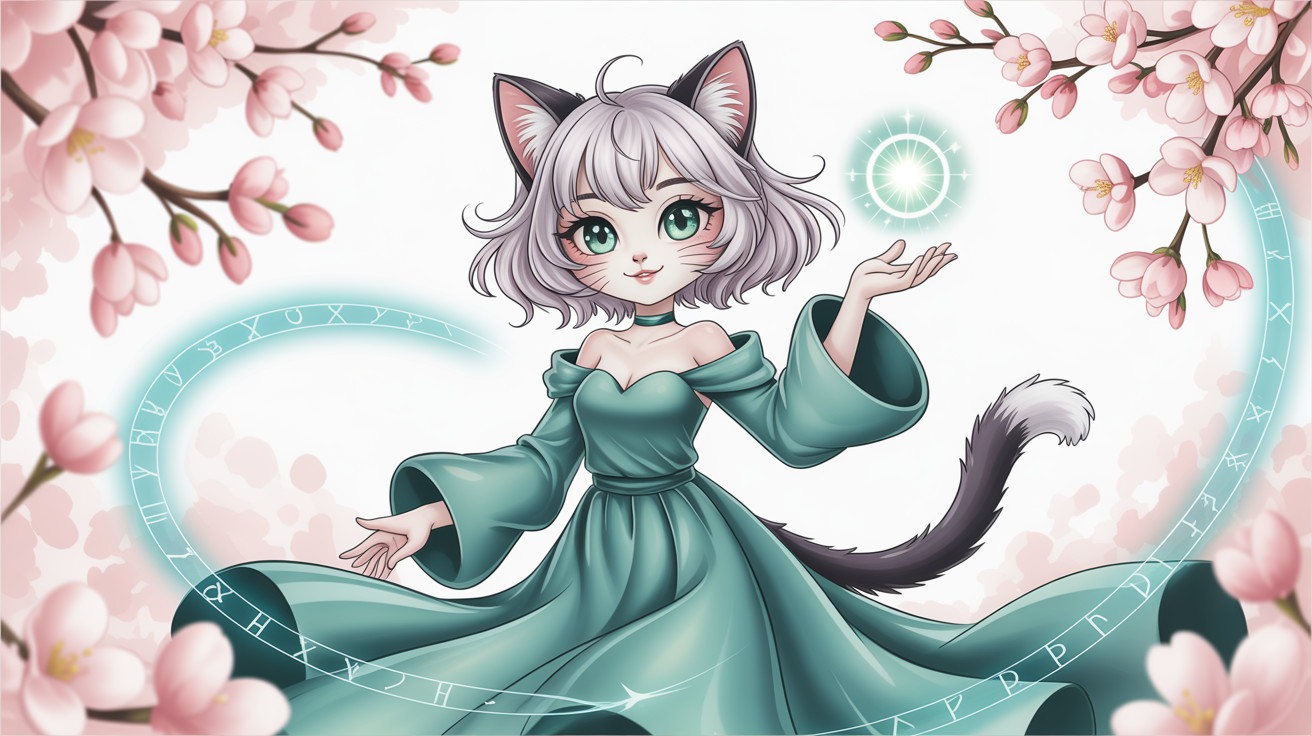 Cat girl with silver hair and teal dress surrounded by runes