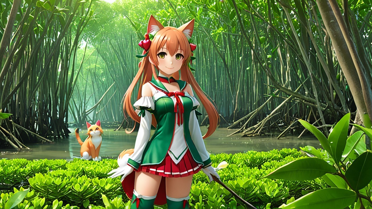 Fox-like character in vibrant mangrove setting