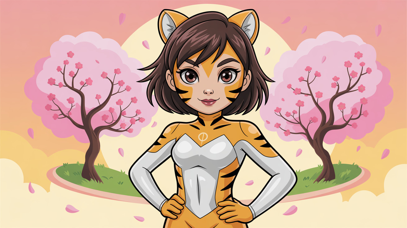 Cartoon Anime Girl in Superhero Tiger Costume Illustration