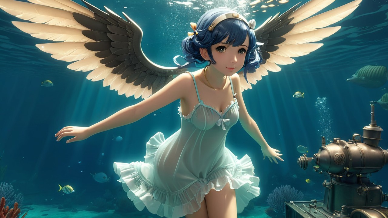 Underwater Scene with Woman, Wings, and Colorful Fish