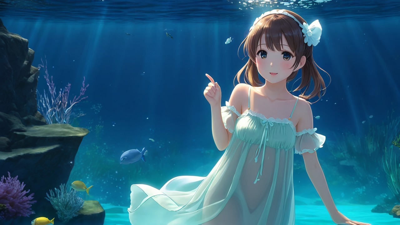 Young girl in ethereal dress underwater with coral reefs