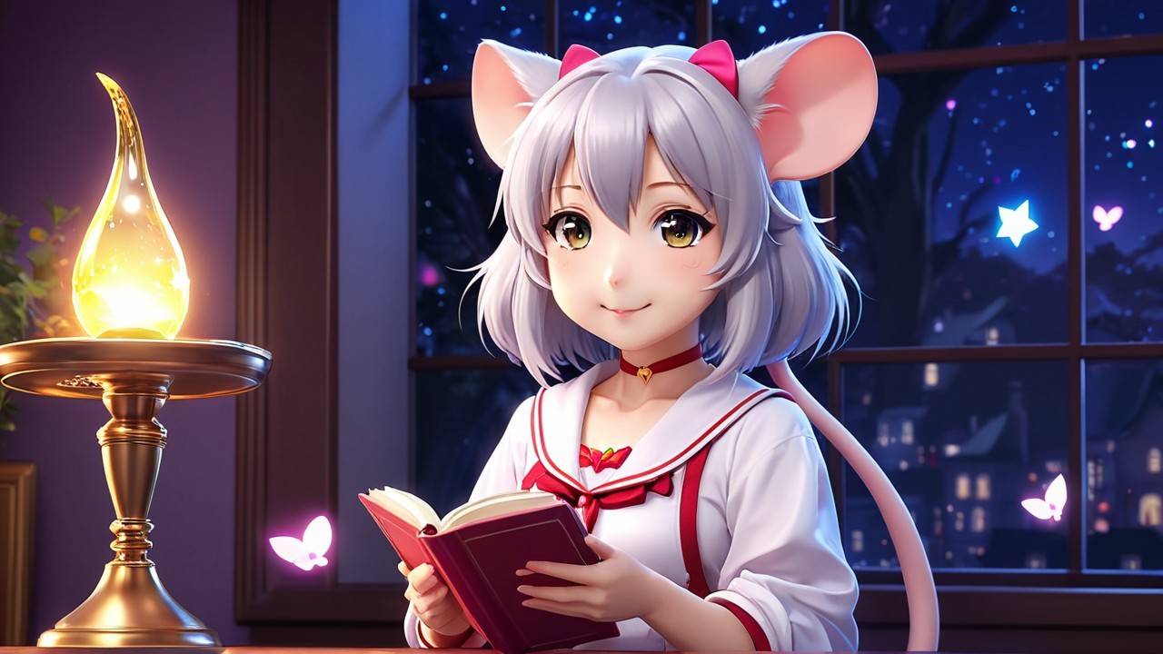 Anime character with mouse ears reading by a lamp