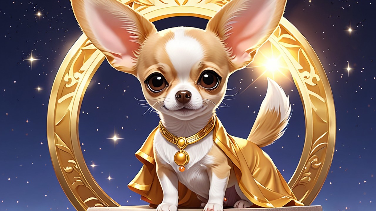 Charming Chihuahua in Golden Cape Against Starry Sky