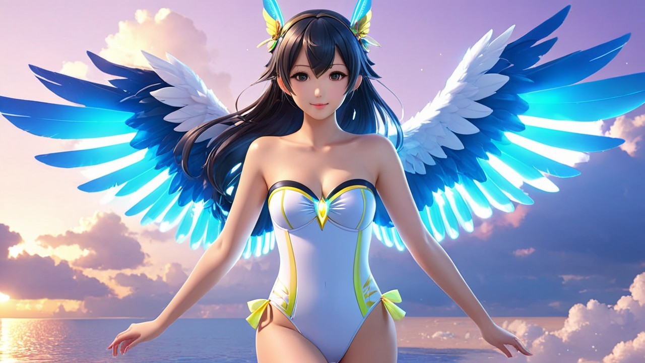 Character with Black Hair and Blue-White Wings in Ocean
