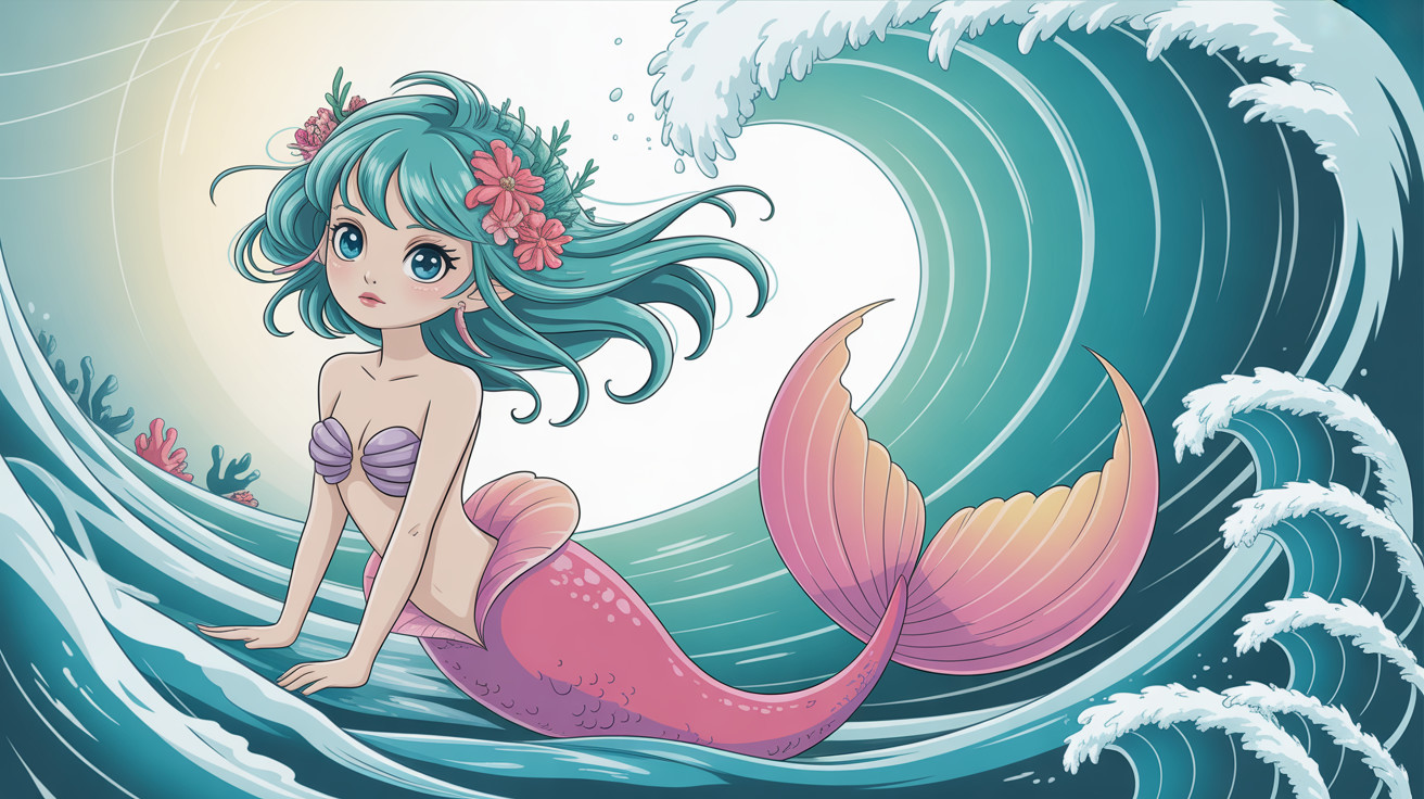 Cartoon mermaid with seashell bikini in ocean scene