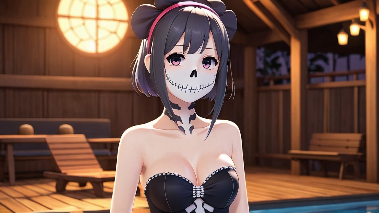 Character with Skull Mask in Cozy Indoor Setting