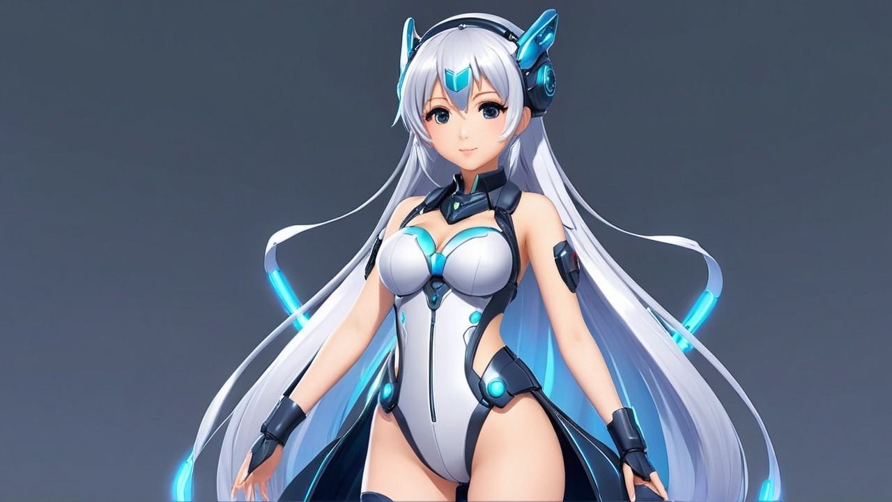 Futuristic character with silver hair and tech-inspired attire