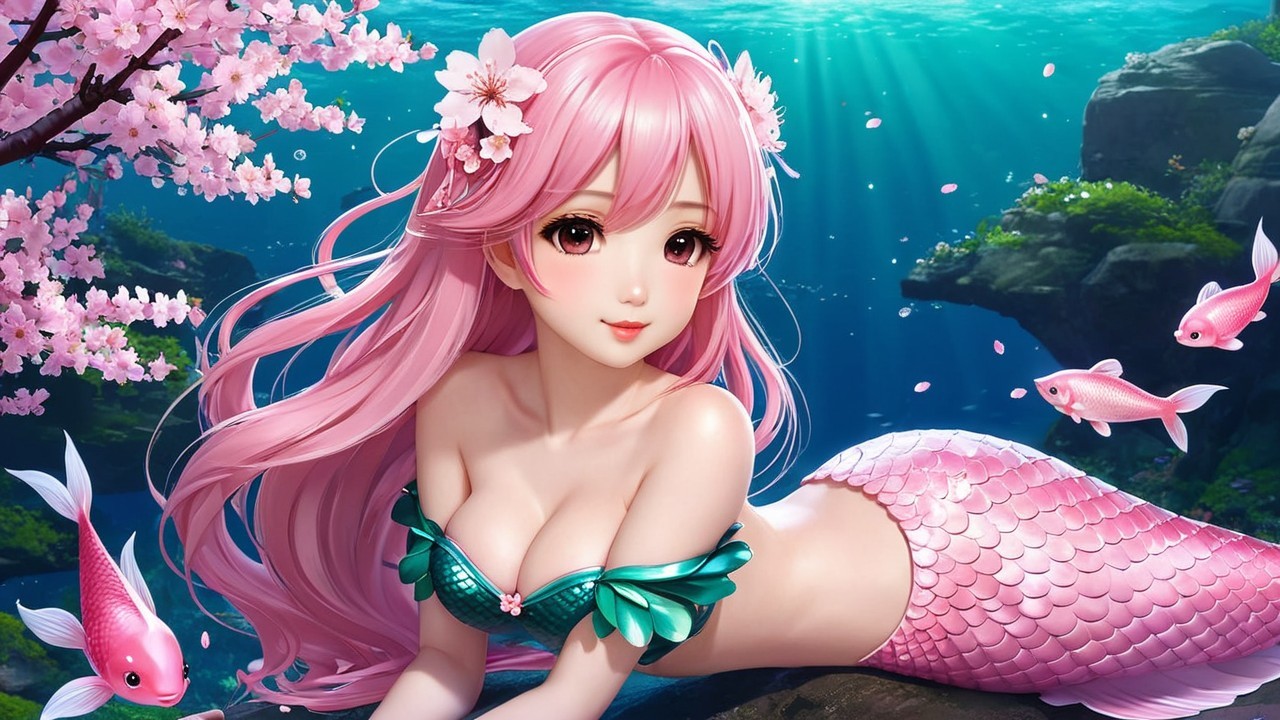 Underwater Scene with Mermaid and Cherry Blossoms