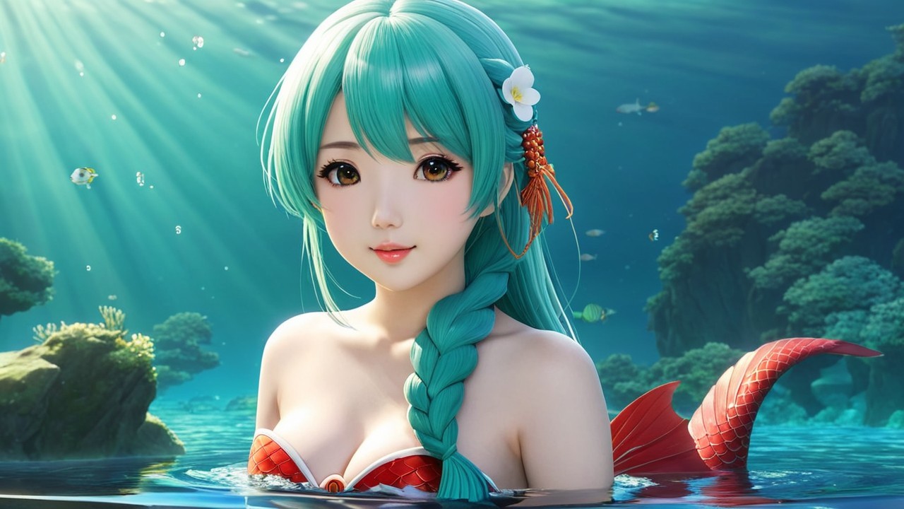 Mermaid with Turquoise Hair and Red Tail in Water