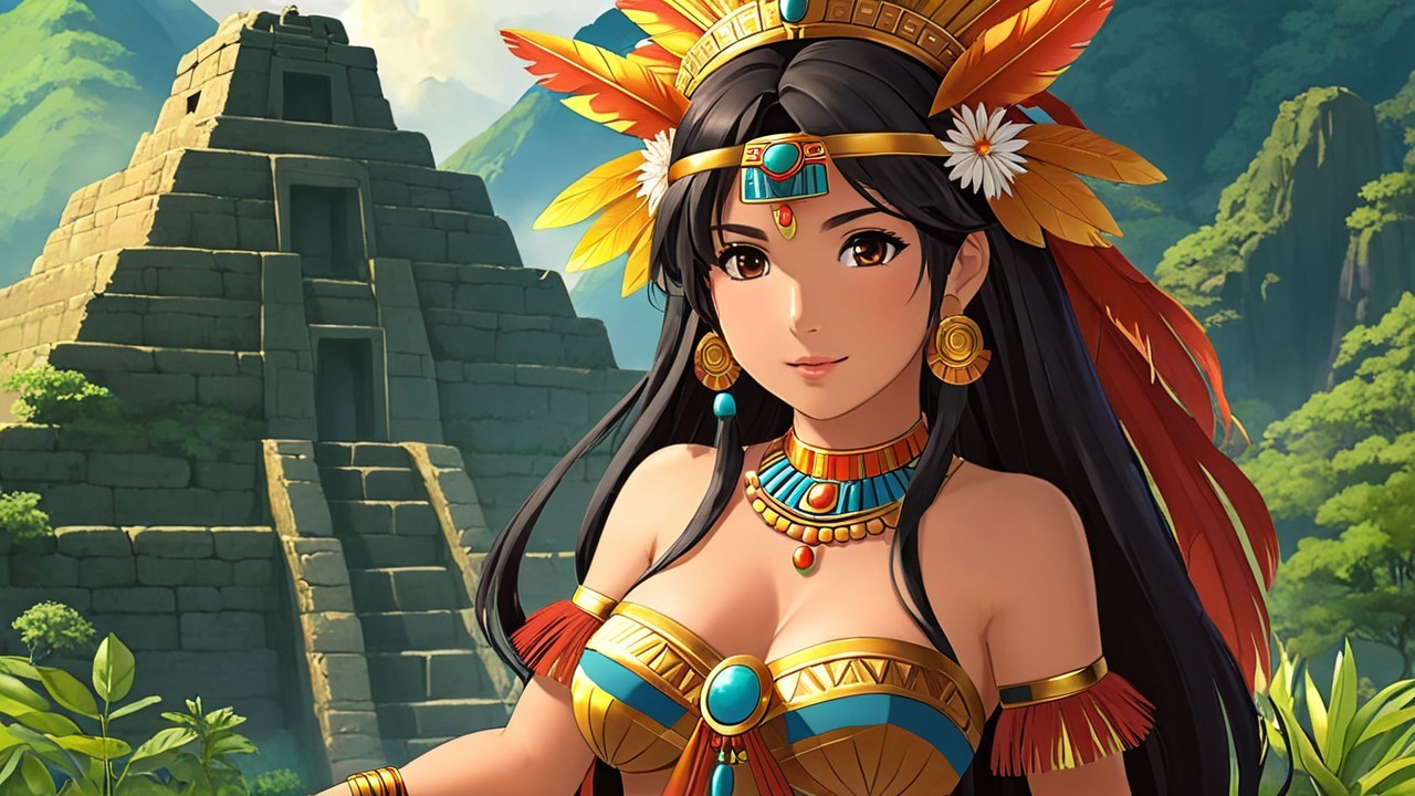 Vibrant Female Character in Traditional Attire and Temple