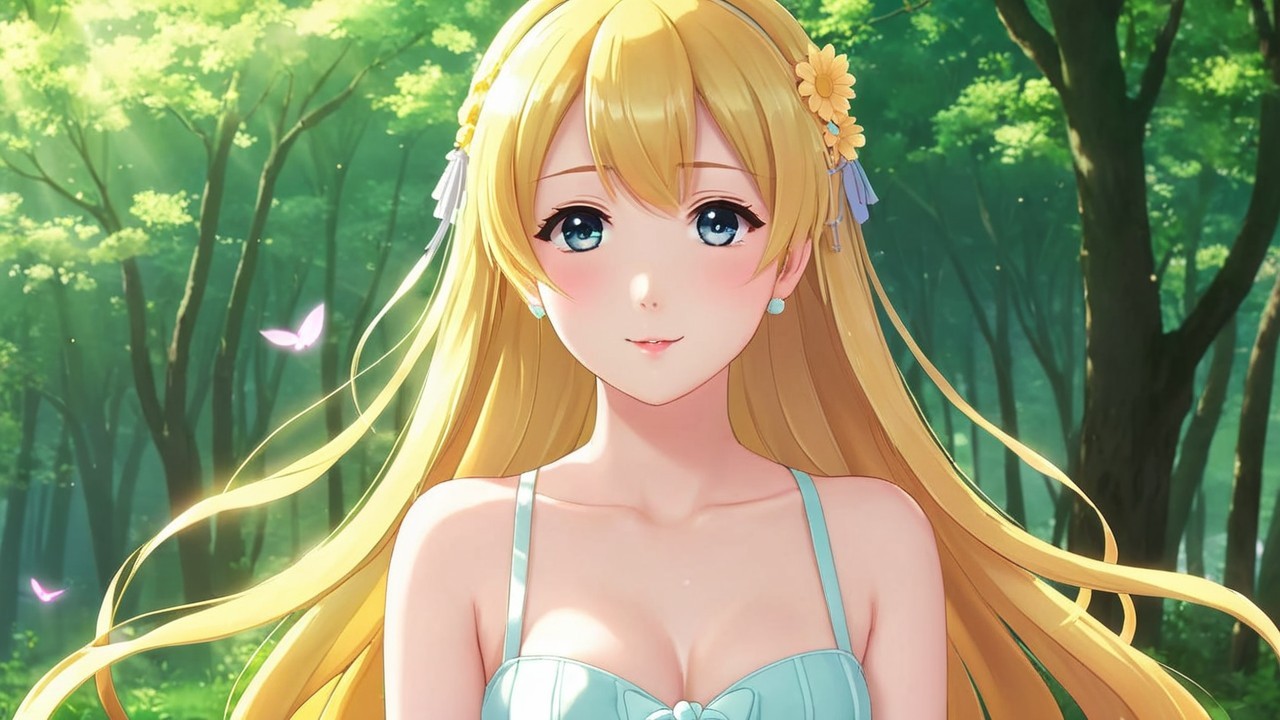 Young woman in blue dress in a vibrant forest setting