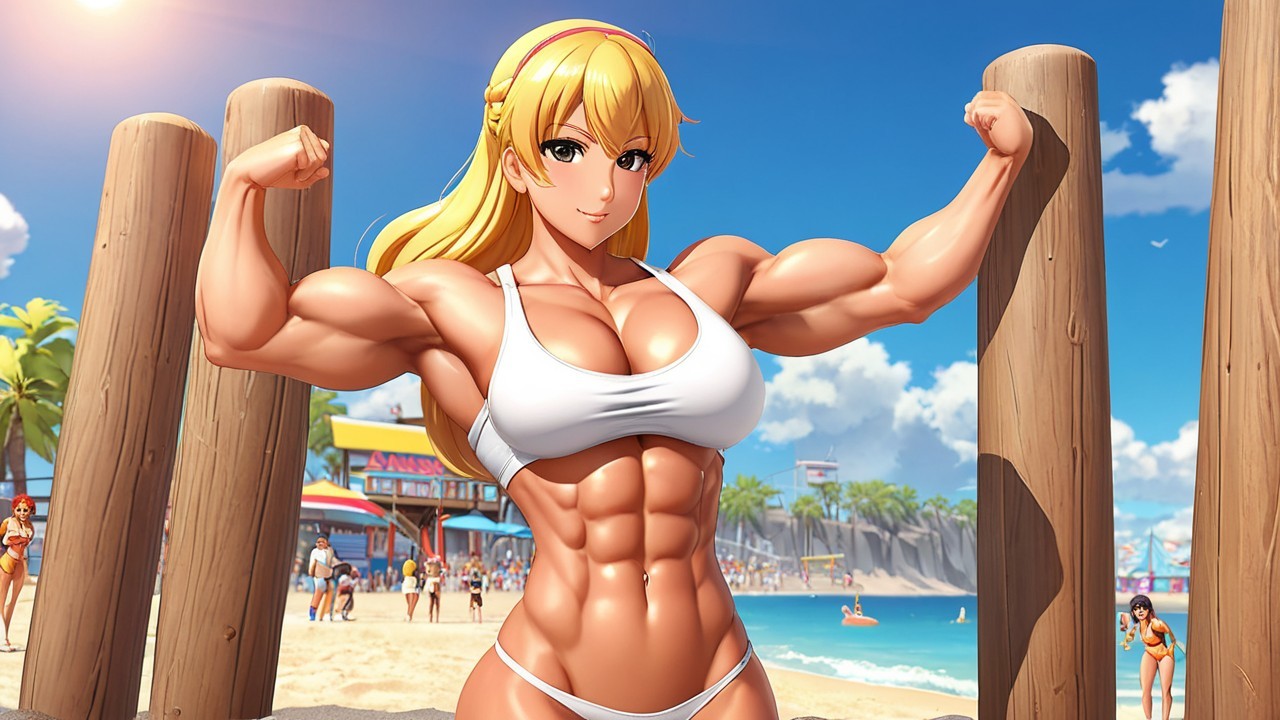 Muscular Woman Flexing at Beach with Vibrant Atmosphere
