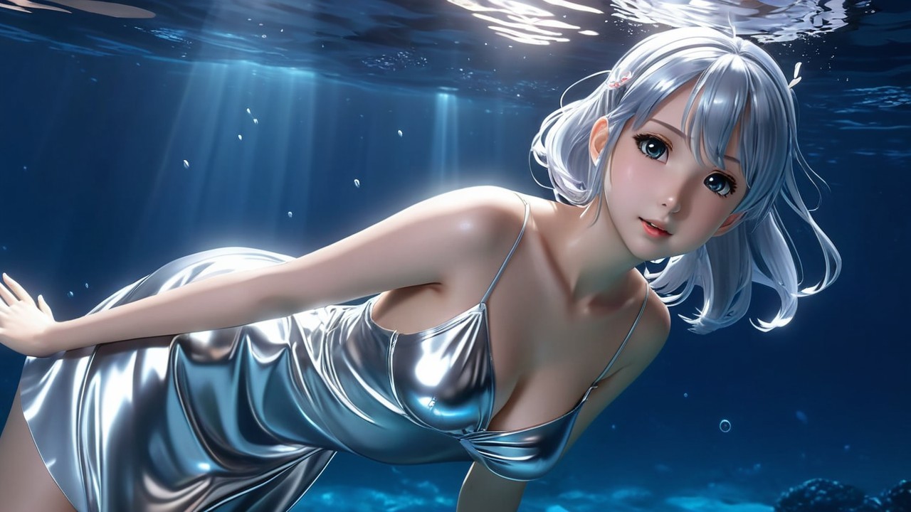 Underwater Scene with Silver Dress and Soft Blue Hues