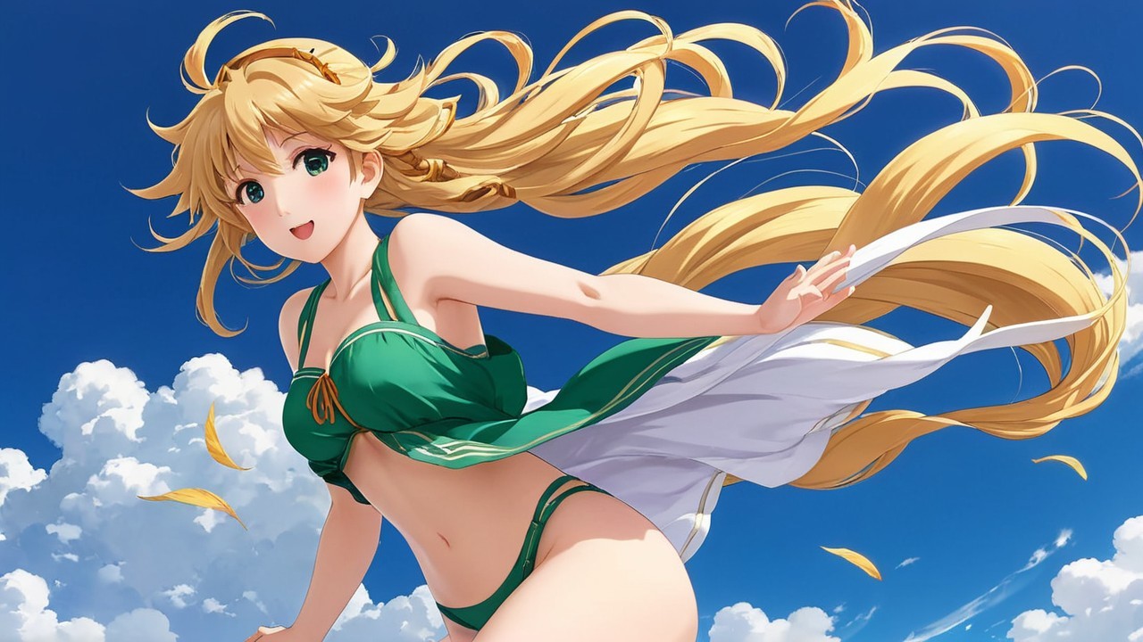 Cheerful young woman in green bikini against blue sky