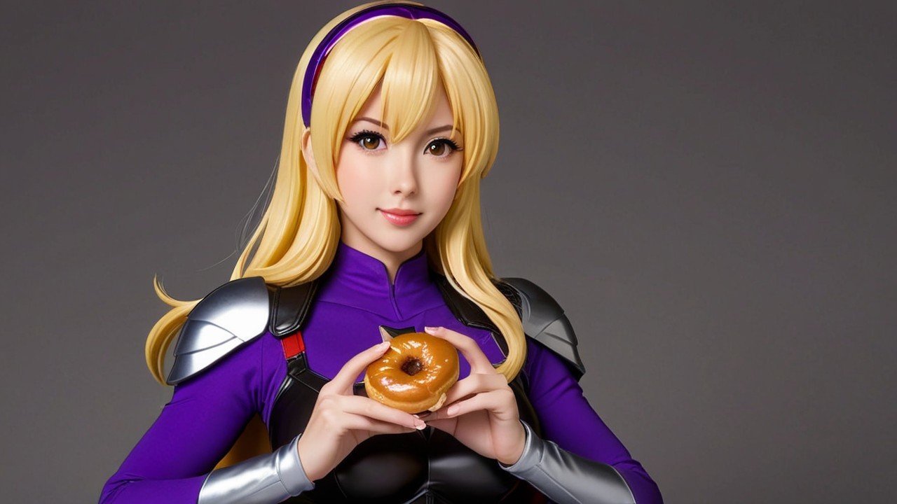 Blonde Superhero in Purple Outfit Holding a Donut