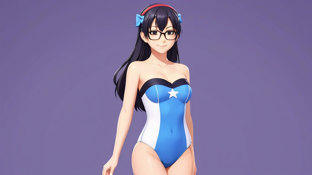 Stylized Female Character in Blue and White Swimsuit