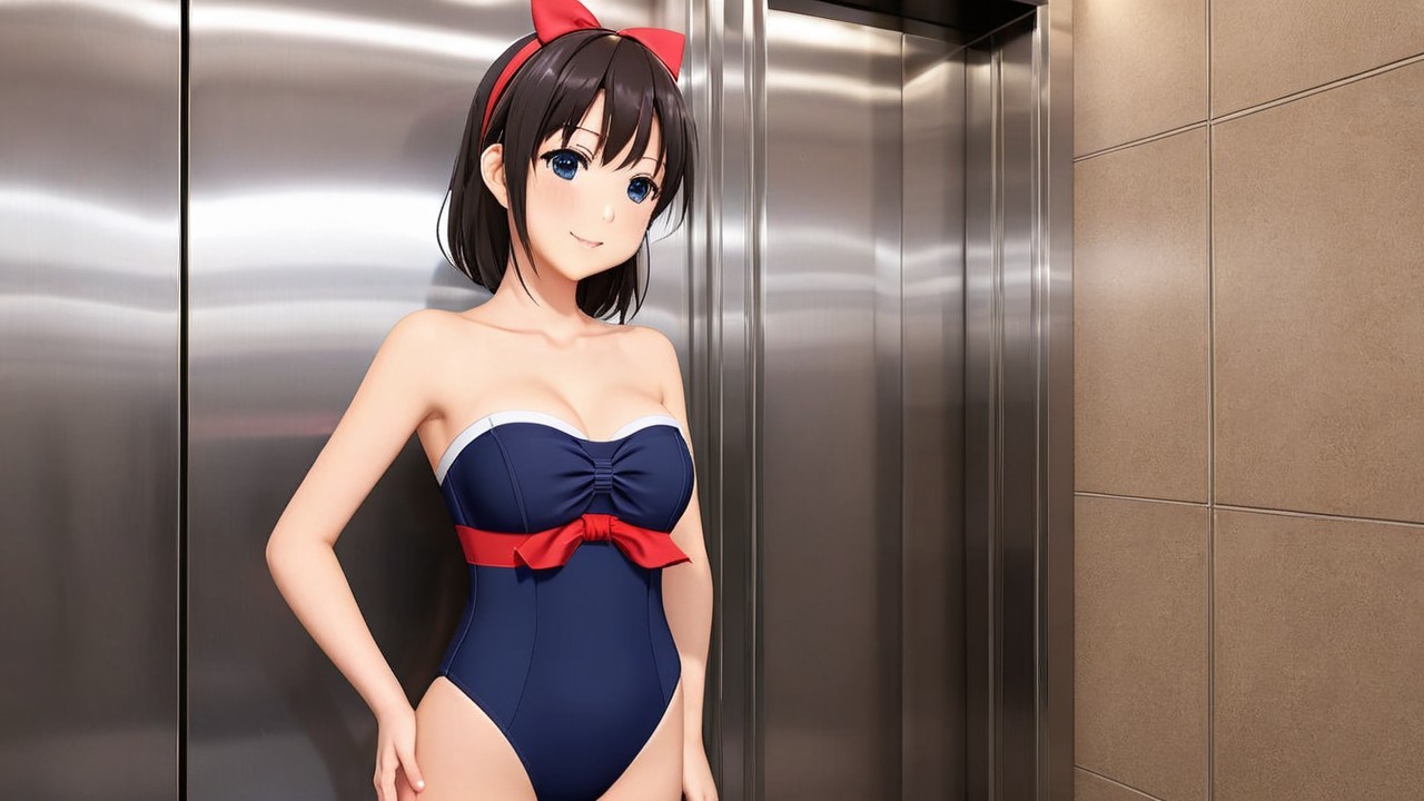 Young woman in stylish swimsuit with modern backdrop