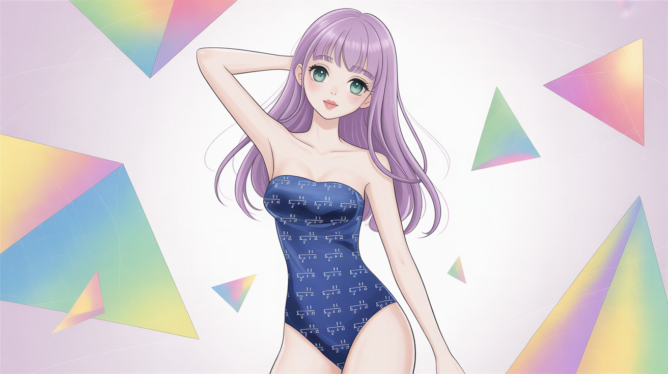 Anime Woman in Blue Swimsuit with Lavender Background