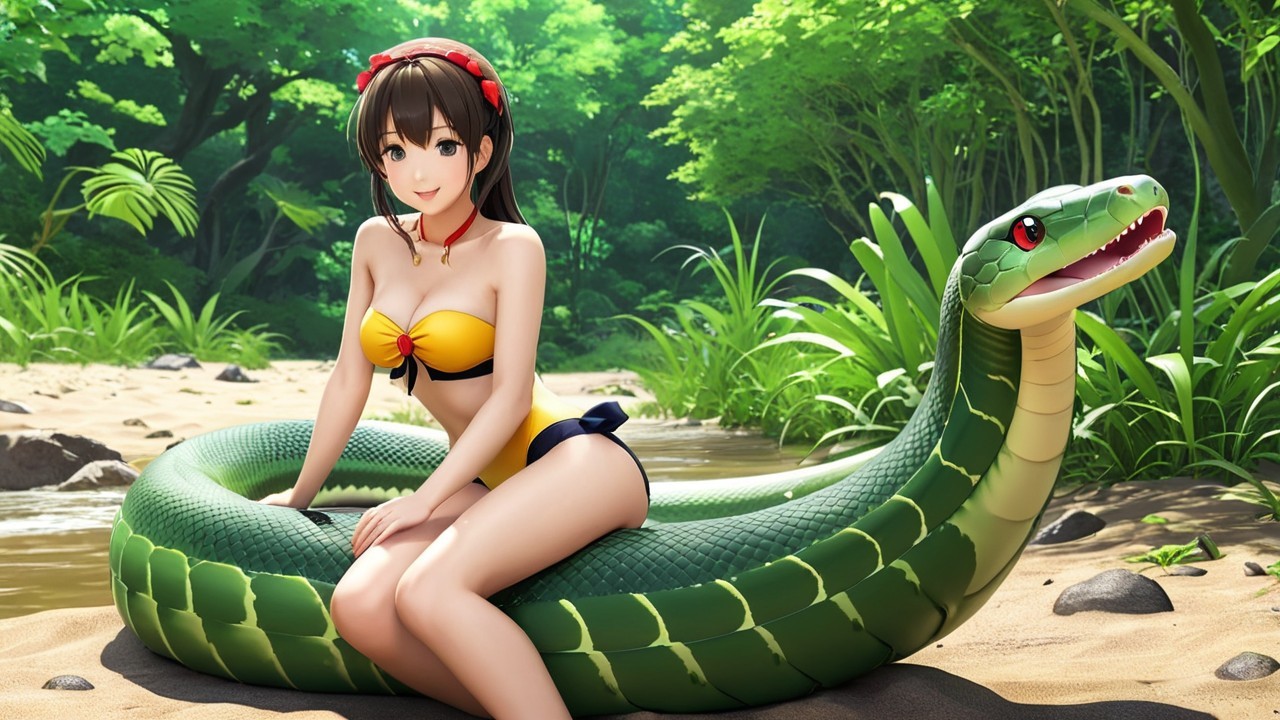 Young Woman in Yellow Bikini on Cartoonish Snake