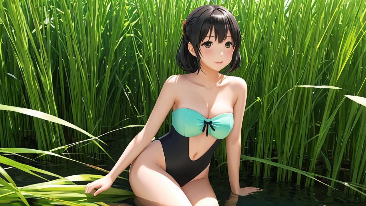 Young woman in two-tone swimsuit by serene water