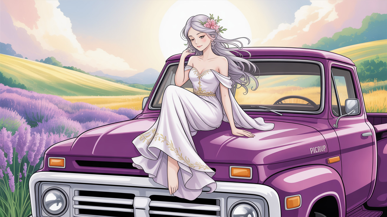 Anime-style image of a woman on a vintage truck
