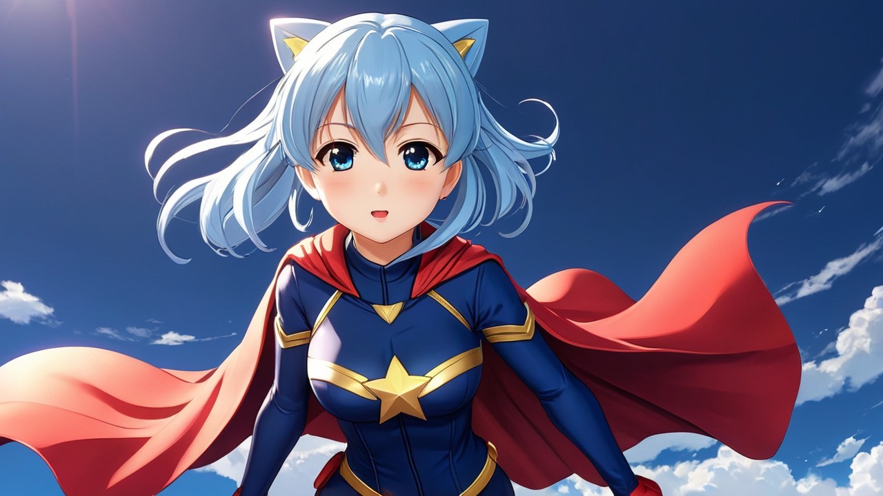 Vibrant Female Superhero with Blue Cat Ears and Cape