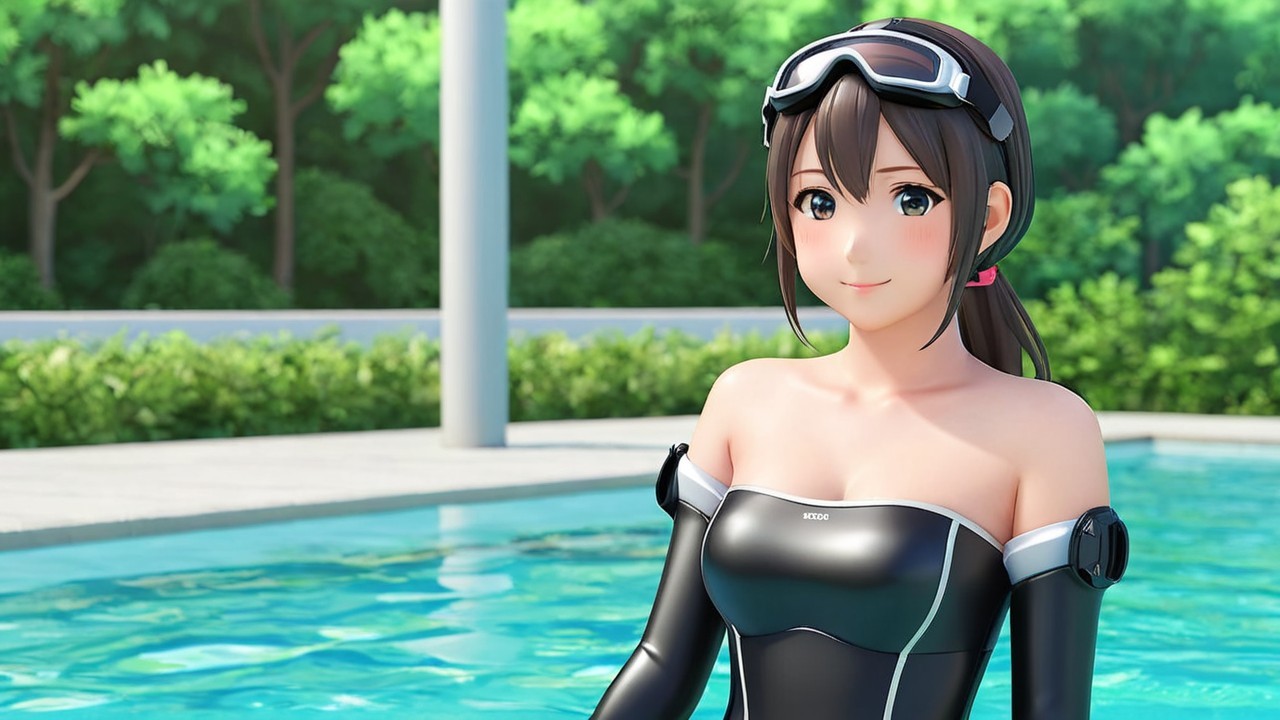 Young woman in black swimsuit by sparkling pool