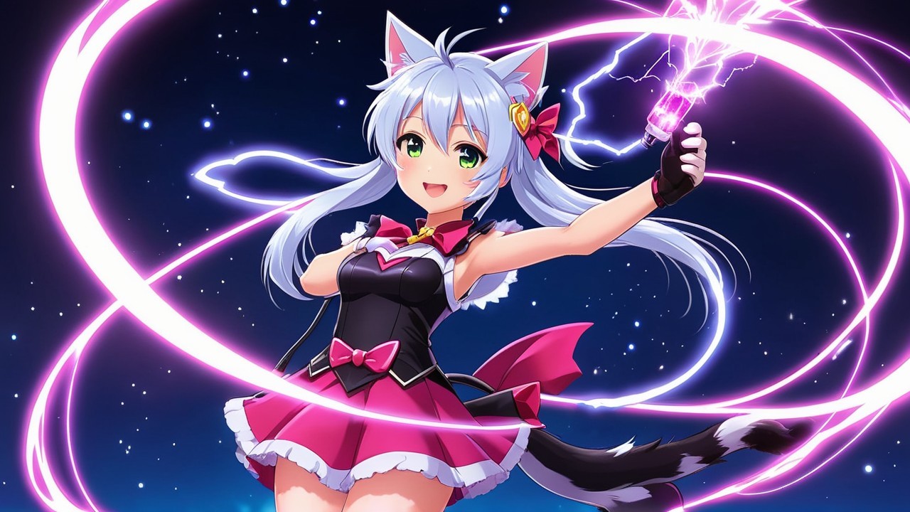 Vibrant anime character with cat ears and wand