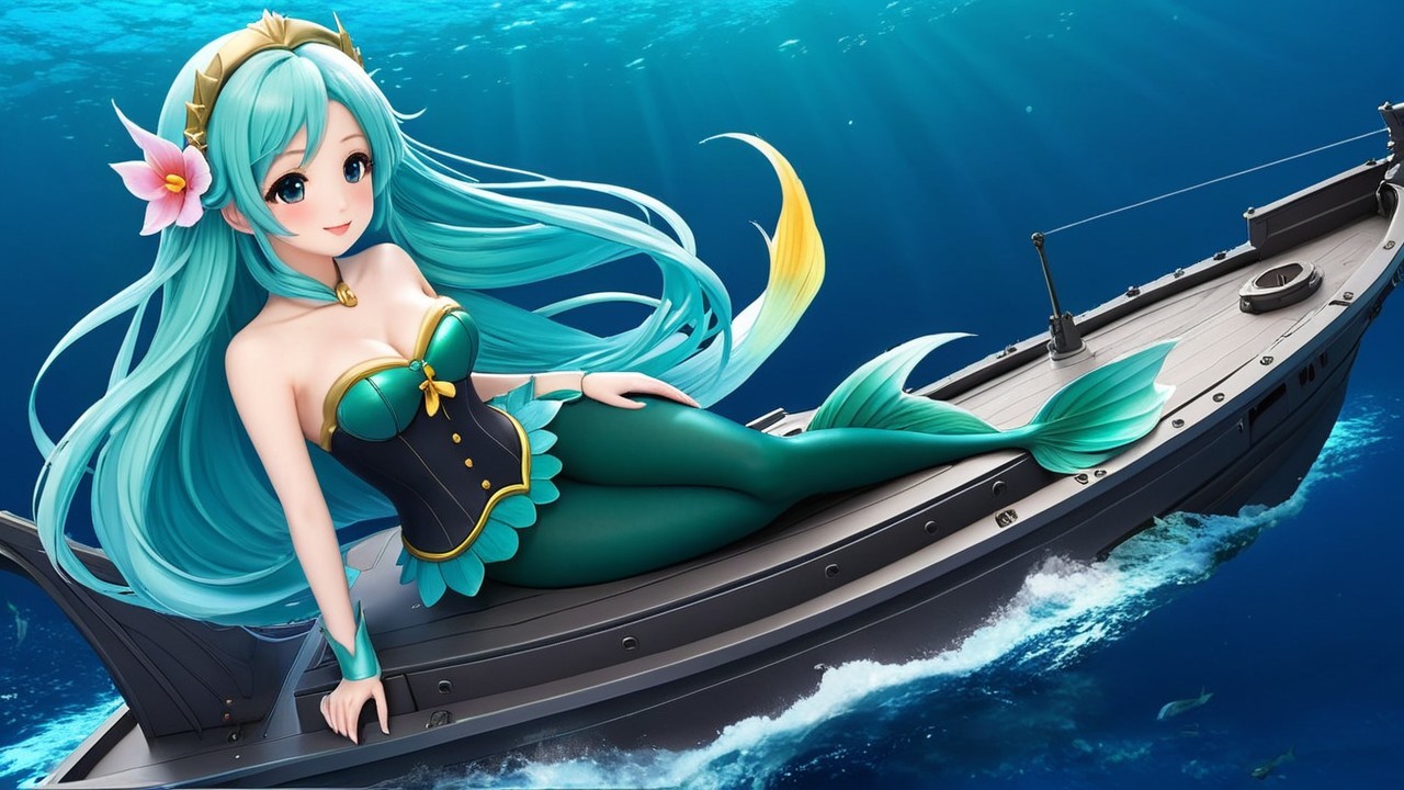 Vibrant Character on Black Ship in Underwater Scene