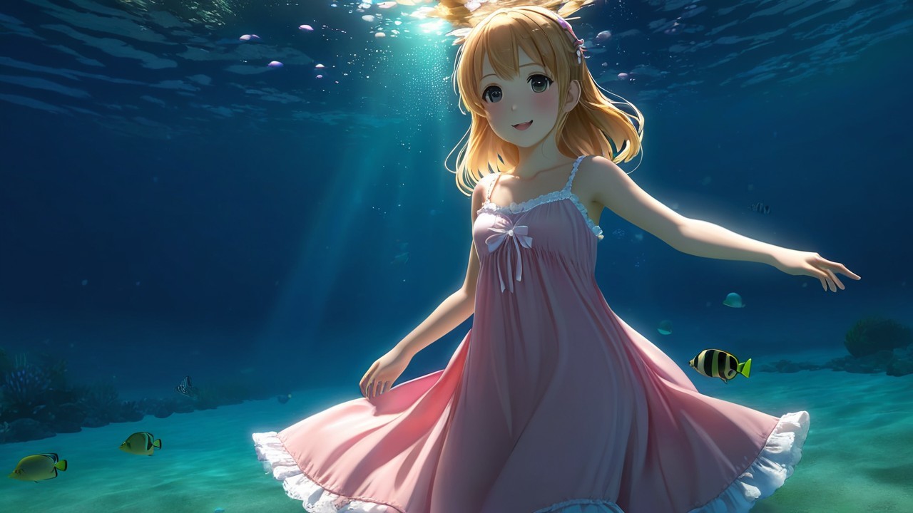 Whimsical Underwater Scene with Cheerful Girl