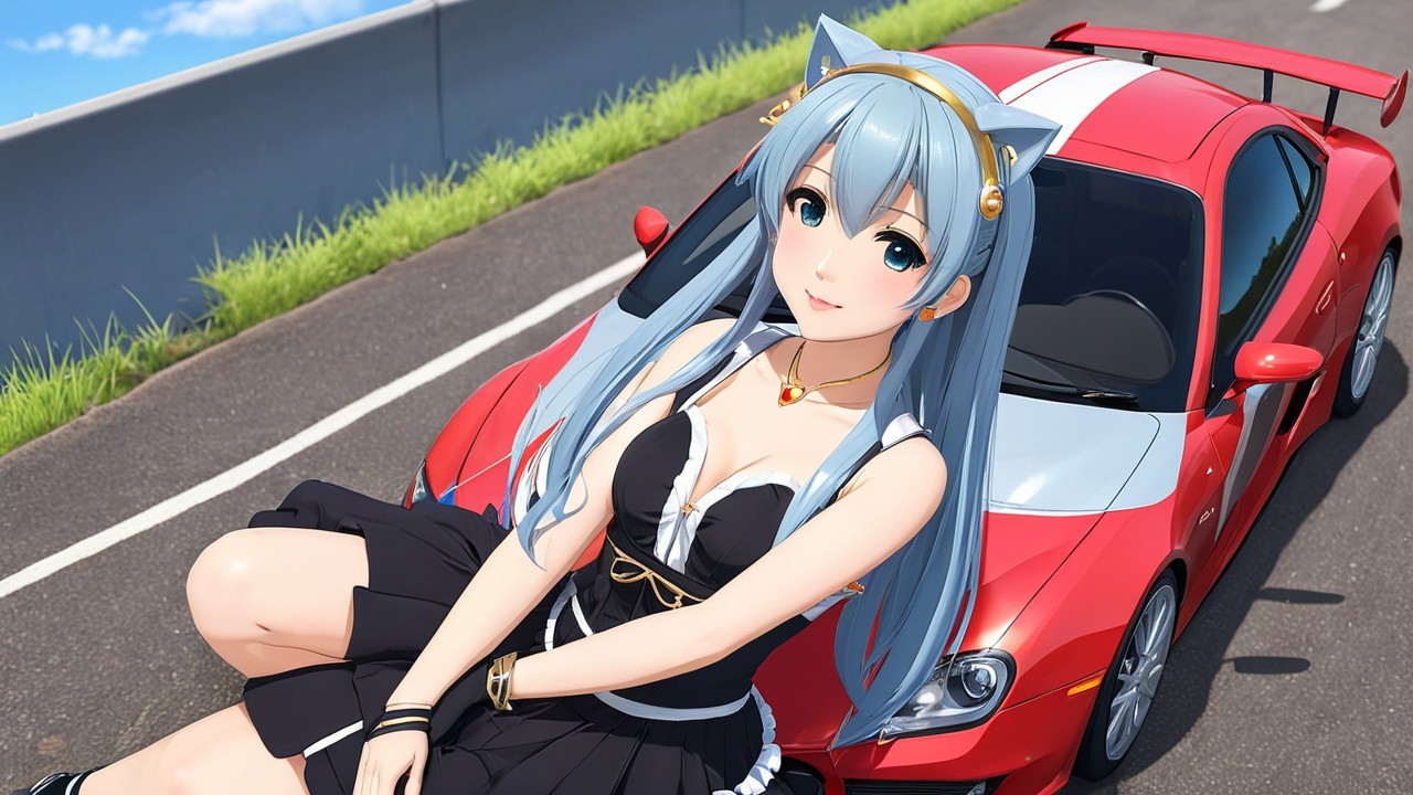 Stylish Character with Blue Hair on Red Sports Car